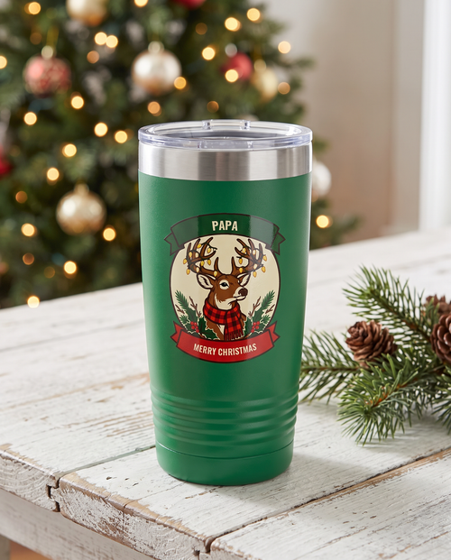 Deer Camp Christmas, String Light Buck badge on a green 20oz tumbler personalized PAPA, MERRY CHRISTMAS, a white-painted cabin table at Christmas