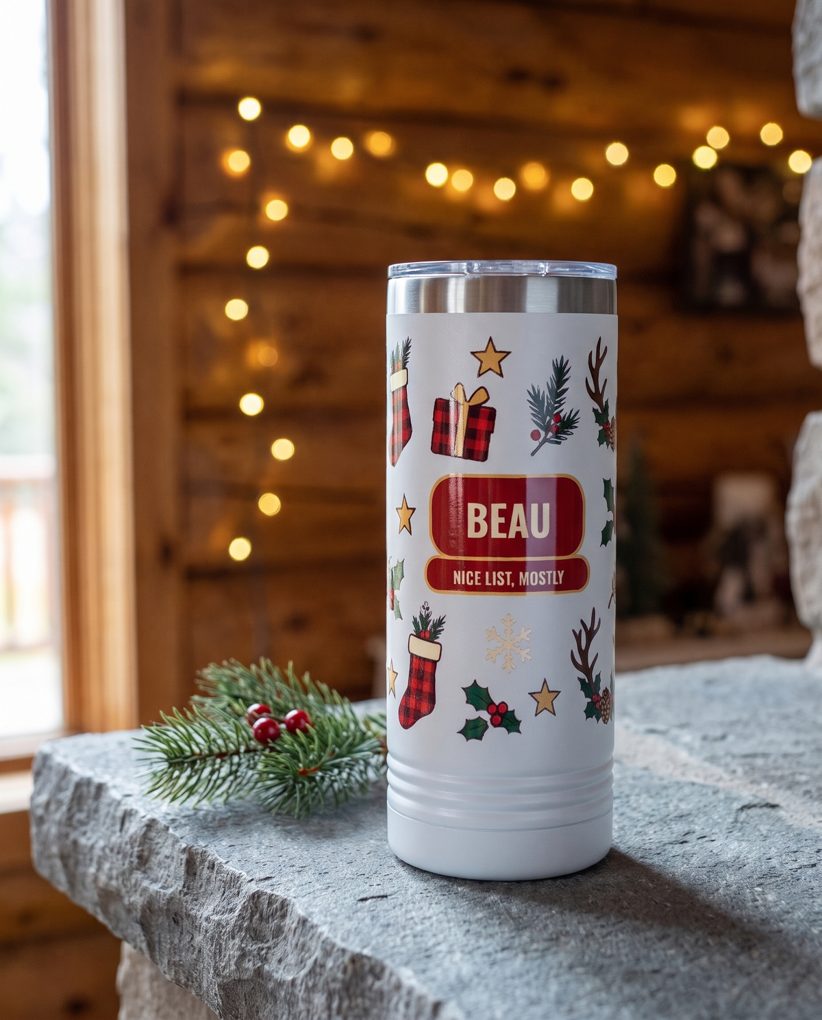 Deer Camp Christmas, Nice List Mostly wrap on a white 22oz Skinny tumbler personalized BEAU, NICE LIST, MOSTLY, a stone mantel in a log cabin at Christmas