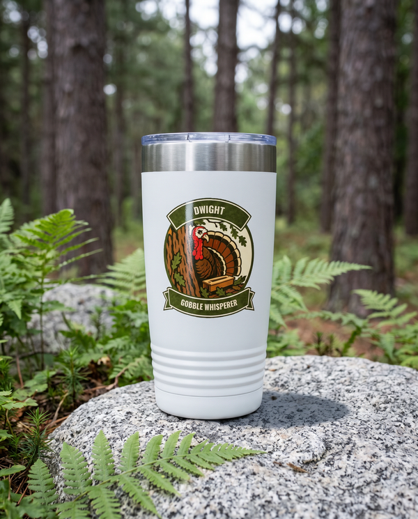 Turkey Gobbler, Gobble Whisperer badge on a white 20oz tumbler personalized DWIGHT, GOBBLE WHISPERER, a granite boulder among ferns in a pine forest
