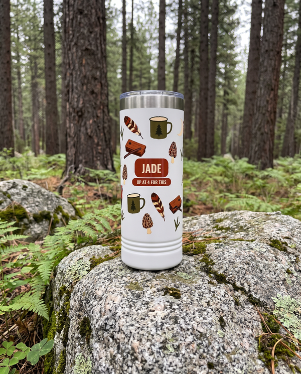 Turkey Gobbler, Up at 4 for This wrap on a white 22oz Skinny tumbler personalized JADE, UP AT 4 FOR THIS, a granite boulder among ferns in a pine forest