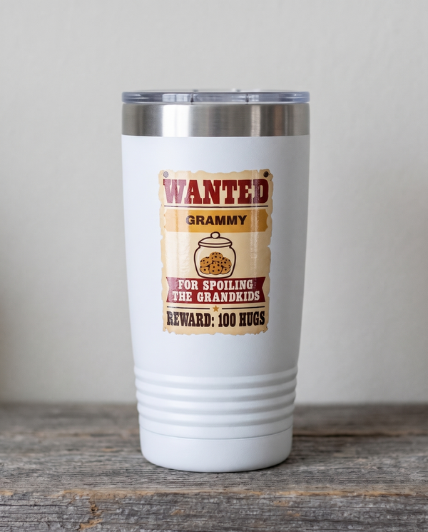 Wanted Poster, Spoiling the Grandkids badge on a white 20oz tumbler personalized GRAMMY, a weathered barnwood shelf
