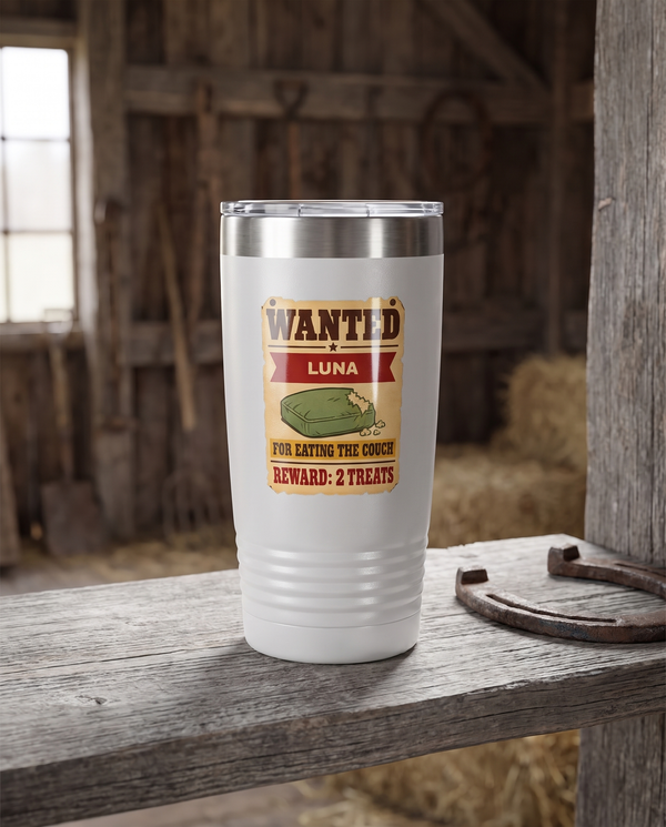 Wanted Poster, Eating the Couch badge on a white 20oz tumbler personalized LUNA, a weathered barnwood shelf in a rustic barn