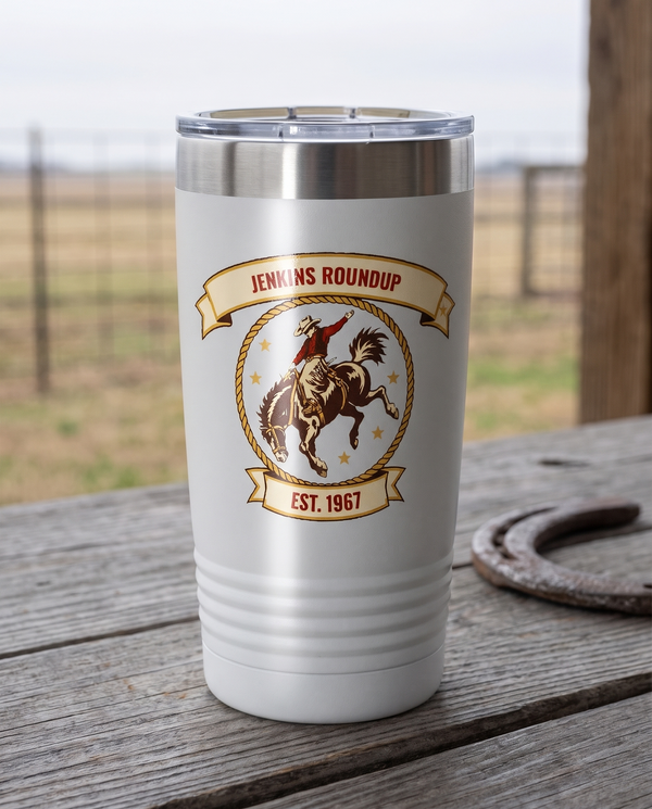 Rodeo Program, Bronc Rider badge on a white 20oz tumbler personalized JENKINS ROUNDUP, EST. 1967, a weathered barnwood table on a ranch porch