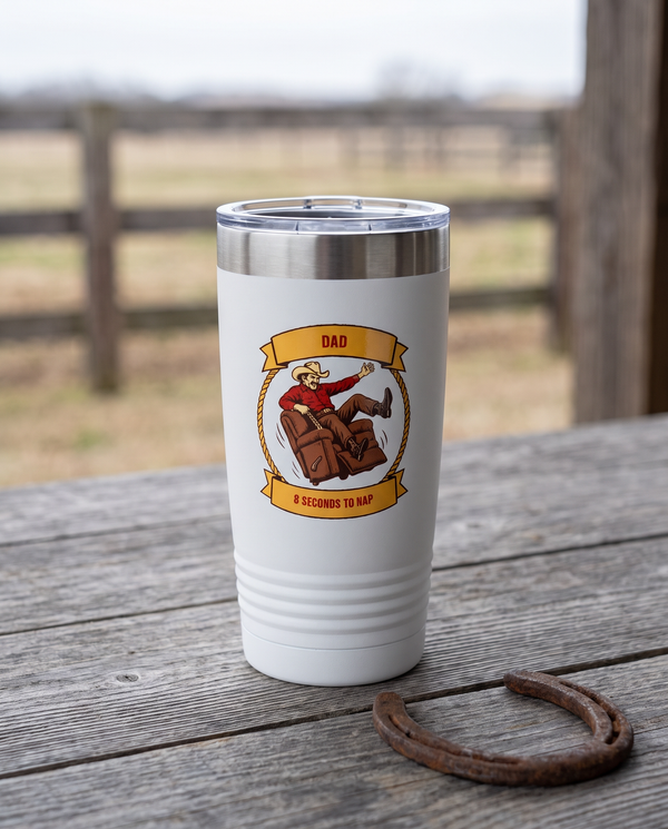 Rodeo Program, 8 Seconds to Nap badge on a white 20oz tumbler personalized DAD, 8 SECONDS TO NAP, a weathered barnwood table on a ranch porch