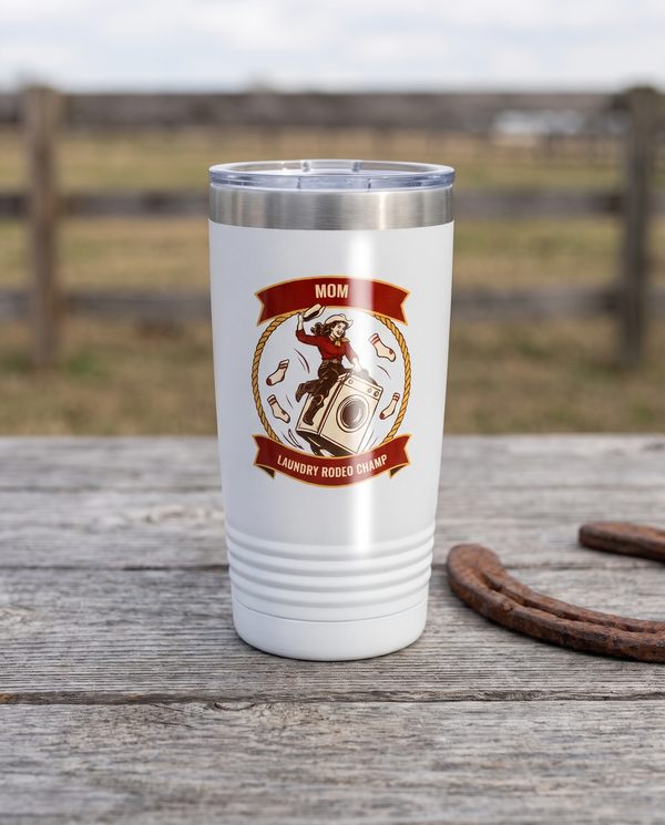 Rodeo Program, Laundry Rodeo Champ badge on a white 20oz tumbler personalized MOM, LAUNDRY RODEO CHAMP, a weathered barnwood table on a ranch porch