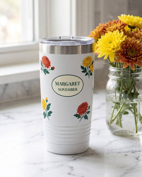 Bright Mums Flower Wrap on a white 20oz Ringneck tumbler, UV printed by Karved