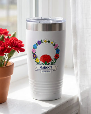 January Birth Flower Wreath on a white 20oz Ringneck tumbler, UV printed by Karved
