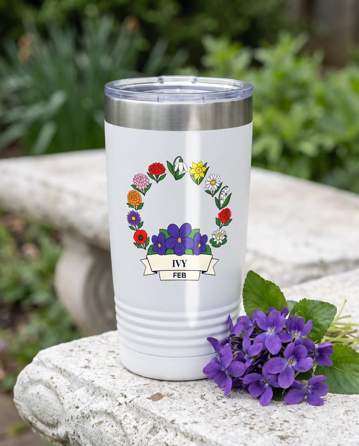 February Birth Flower Wreath on a white 20oz Ringneck tumbler, UV printed by Karved