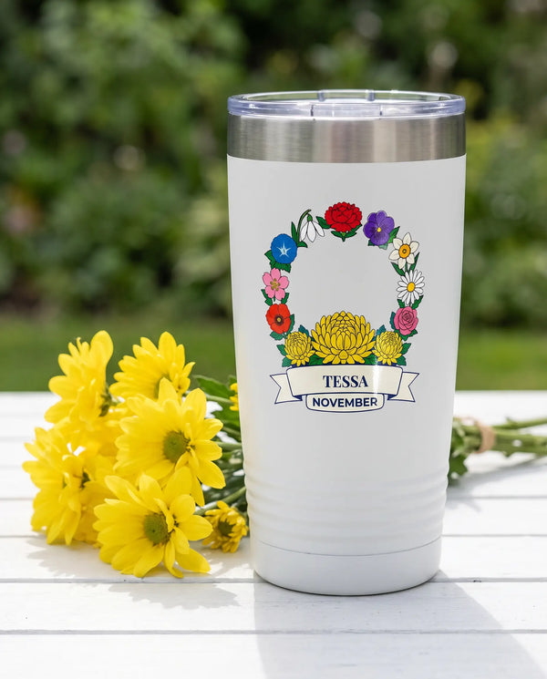 November Birth Flower Wreath on a white 20oz Ringneck tumbler, UV printed by Karved