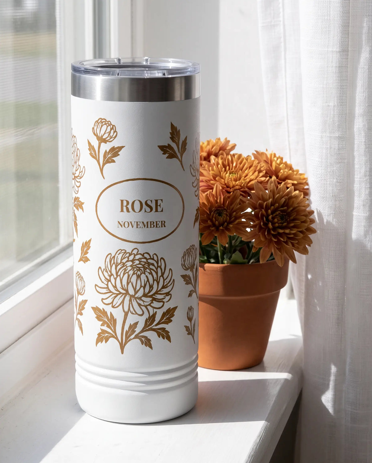 Gold Line Chrysanthemum Wrap on a white 22oz skinny tumbler, UV printed by Karved