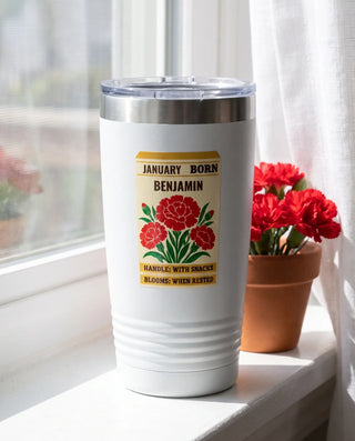 Carnation Seed Packet on a white 20oz Ringneck tumbler, UV printed by Karved