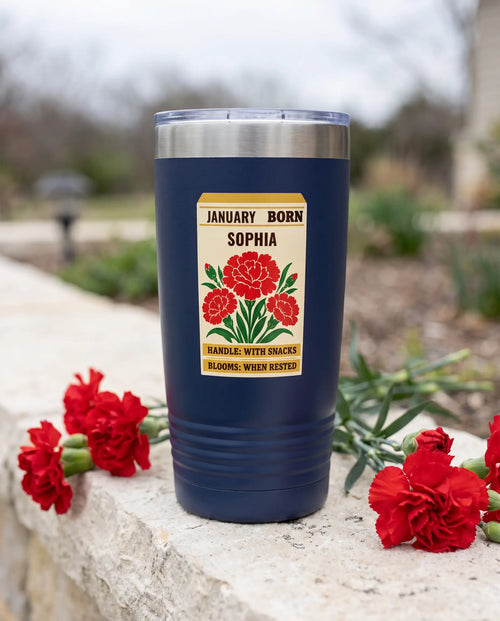 Carnation Seed Packet on a navy 20oz Ringneck tumbler, UV printed by Karved