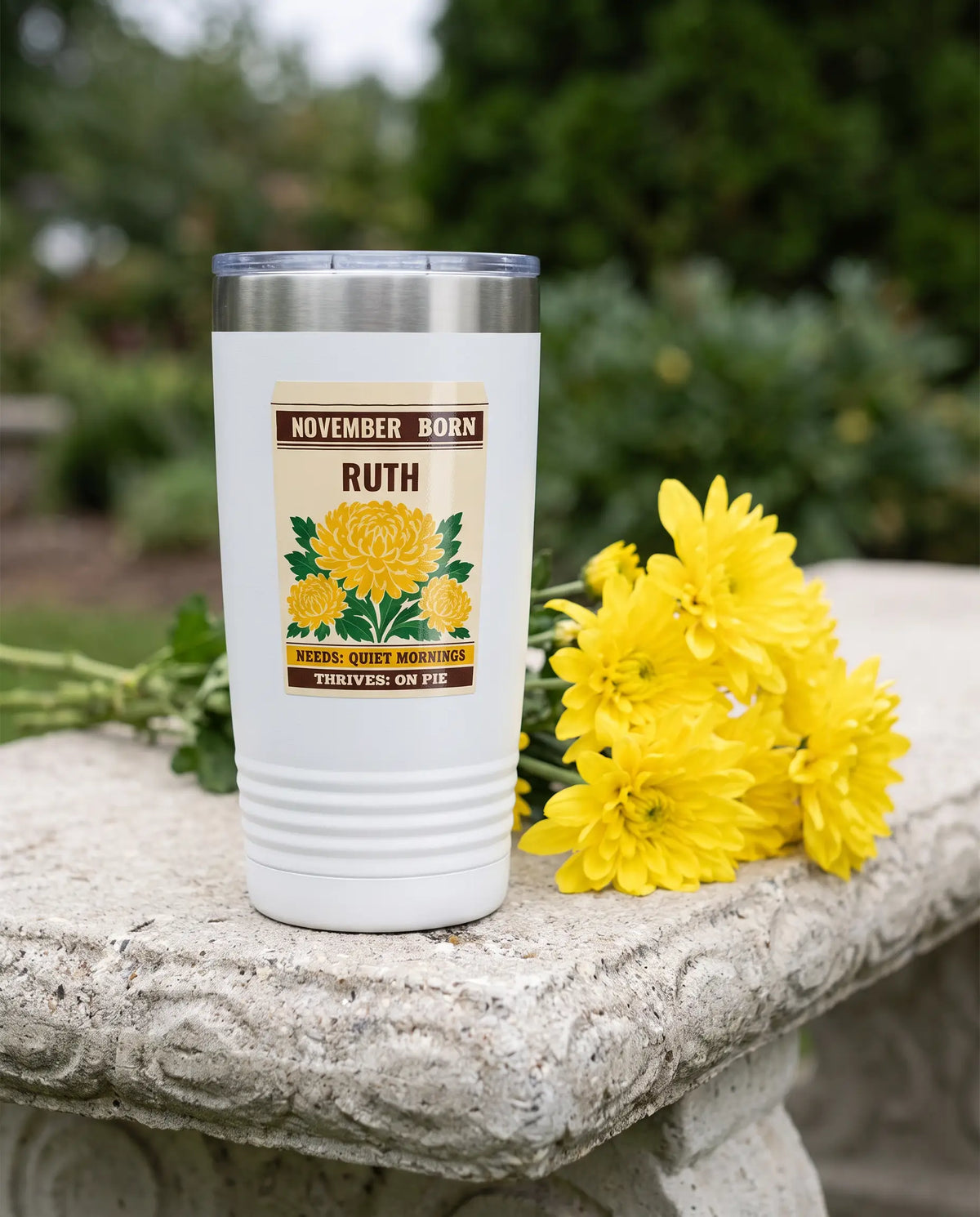 Chrysanthemum Seed Packet on a white 20oz Ringneck tumbler, UV printed by Karved