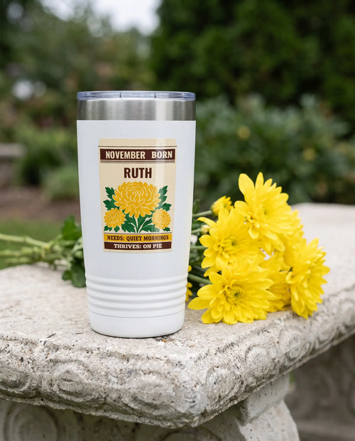 Chrysanthemum Seed Packet on a white 20oz Ringneck tumbler, UV printed by Karved