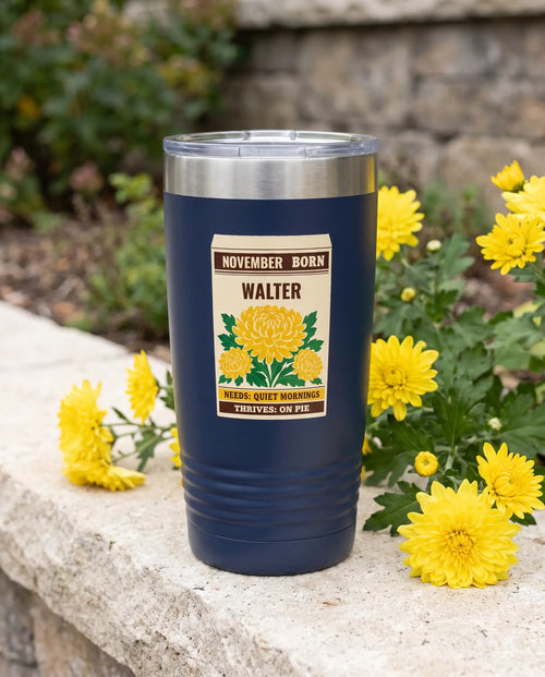 Chrysanthemum Seed Packet on a navy 20oz Ringneck tumbler, UV printed by Karved