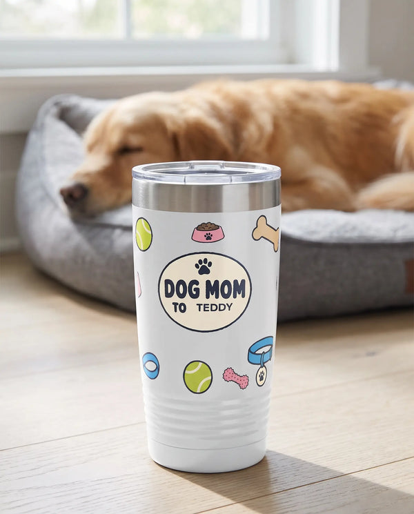 Dog Mom Oval Wrap on a white 20oz Ringneck tumbler, UV printed by Karved