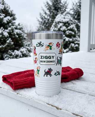 Snow Zoomies Dog Wrap on a white 20oz Ringneck tumbler, UV printed by Karved