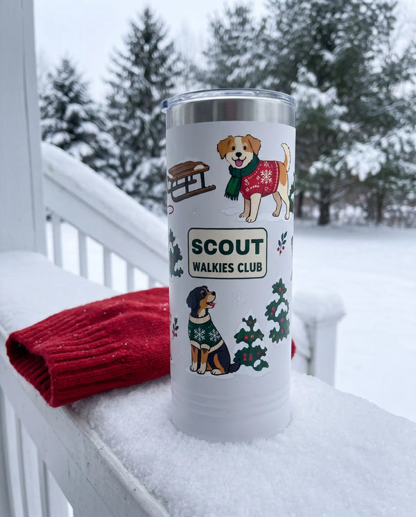 Walkies Club Winter Wrap on a white 22oz skinny tumbler, UV printed by Karved
