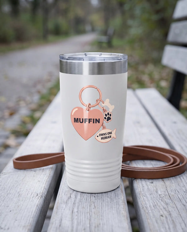 Owns One Human Tag on a white 20oz Ringneck tumbler, UV printed by Karved