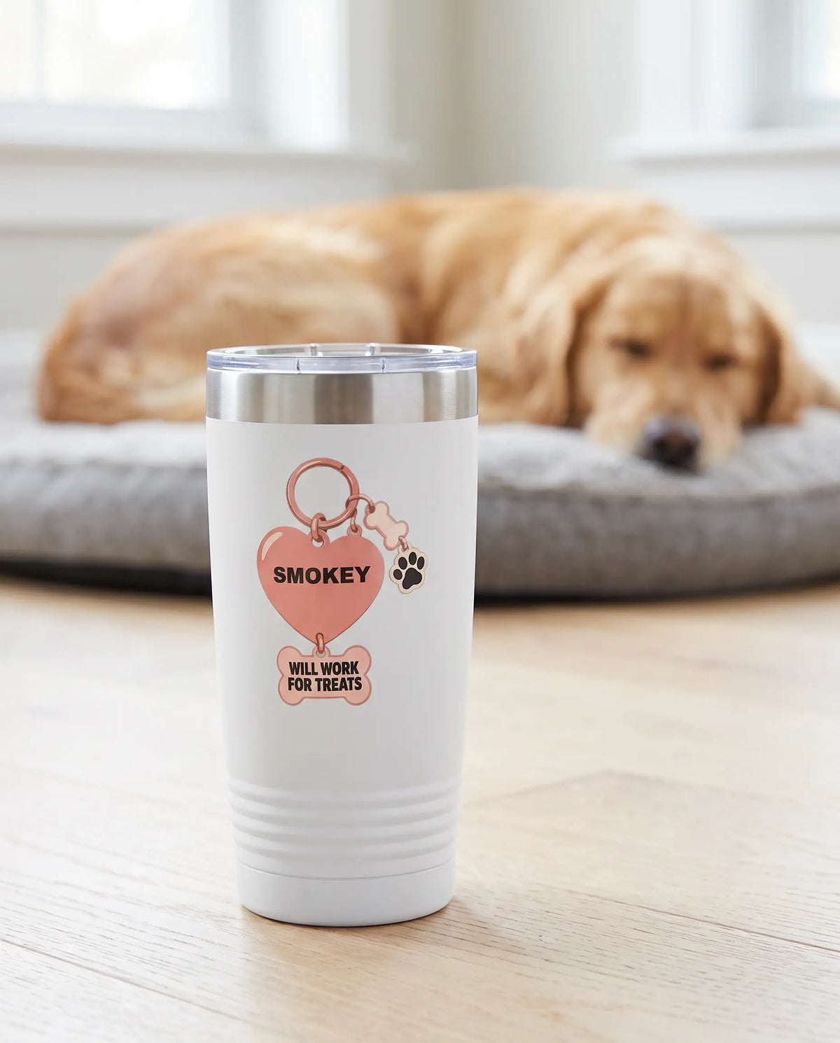 Work For Treats Tag on a white 20oz Ringneck tumbler, UV printed by Karved