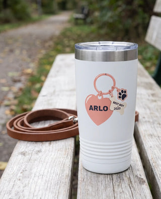 Best Boy Heart Tag on a white 20oz Ringneck tumbler, UV printed by Karved