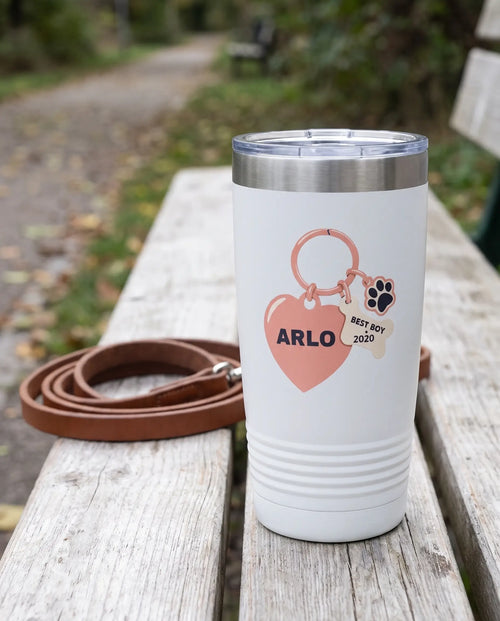 Best Boy Heart Tag on a white 20oz Ringneck tumbler, UV printed by Karved