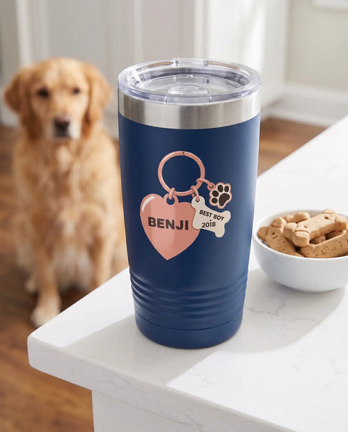 Best Boy Heart Tag on a navy 20oz Ringneck tumbler, UV printed by Karved