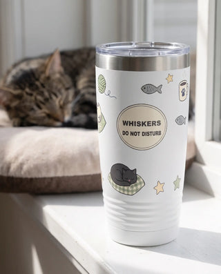 Do Not Disturb Cat Nap on a white 20oz Ringneck tumbler, UV printed by Karved