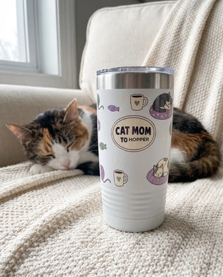 Cat Mom Oval Wrap on a white 20oz Ringneck tumbler, UV printed by Karved