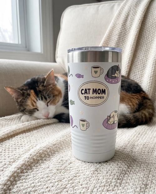 Cat Mom Oval Wrap on a white 20oz Ringneck tumbler, UV printed by Karved