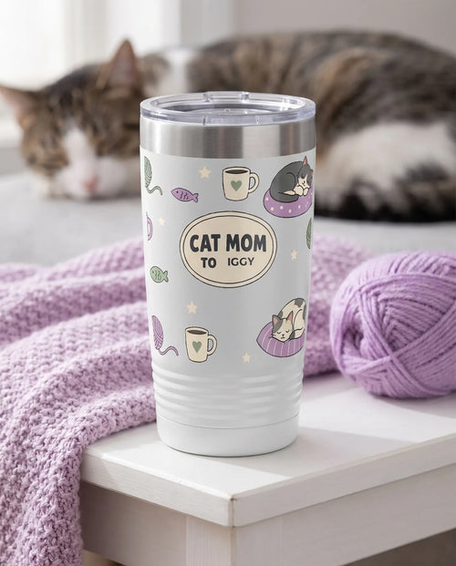 Cat Mom Oval Wrap on a white 20oz Ringneck tumbler, UV printed by Karved