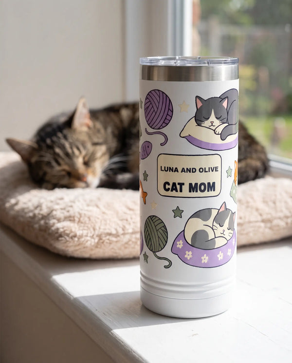 Sleepy Cats Cat Mom Skinny on a white 22oz skinny tumbler, UV printed by Karved