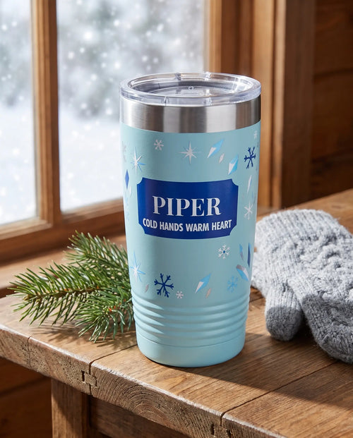 Cold Hands Warm Heart Wrap on a light blue 20oz Ringneck tumbler, UV printed by Karved