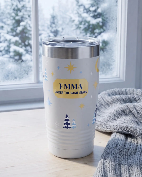 Under the Same Stars Wrap on a white 20oz Ringneck tumbler, UV printed by Karved