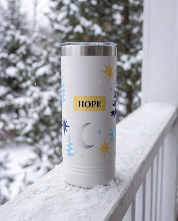 Starry Pines Skinny Wrap on a white 22oz skinny tumbler, UV printed by Karved