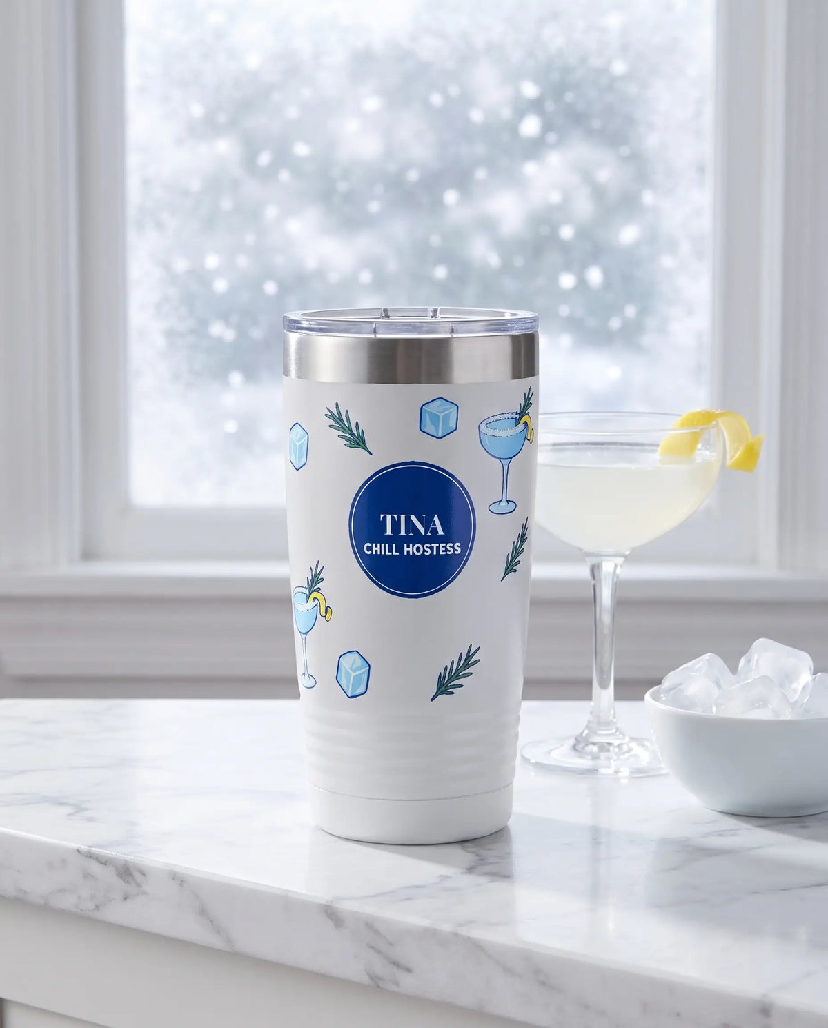 Chill Hostess Wrap on a white 20oz Ringneck tumbler, UV printed by Karved