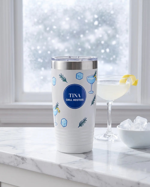 Chill Hostess Wrap on a white 20oz Ringneck tumbler, UV printed by Karved