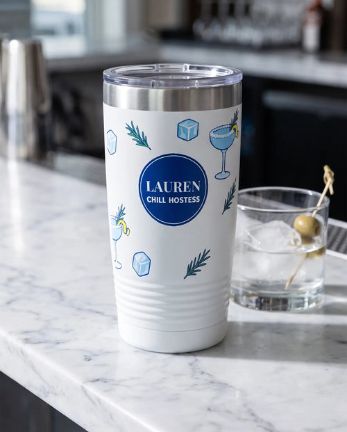 Chill Hostess Wrap on a white 20oz Ringneck tumbler, UV printed by Karved