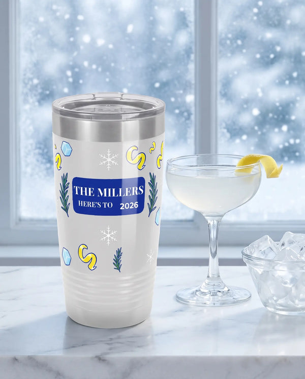 Frosty Cocktail Toast on a white 20oz Ringneck tumbler, UV printed by Karved