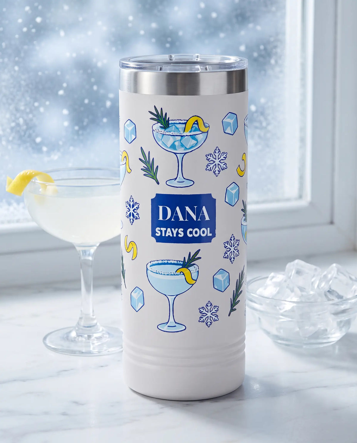 Stays Cool Cocktail Wrap on a white 22oz skinny tumbler, UV printed by Karved