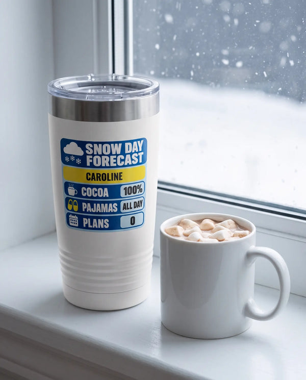 Snow Day Forecast Badge on a white 20oz Ringneck tumbler, UV printed by Karved