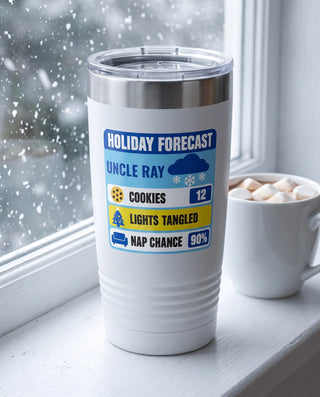 Holiday Forecast Badge on a white 20oz Ringneck tumbler, UV printed by Karved