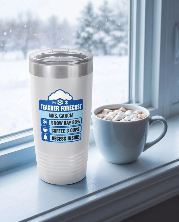 Teacher Forecast Badge on a white 20oz Ringneck tumbler, UV printed by Karved