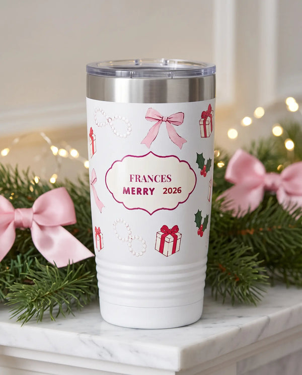 Merry Pearls and Bows on a white 20oz Ringneck tumbler, UV printed by Karved