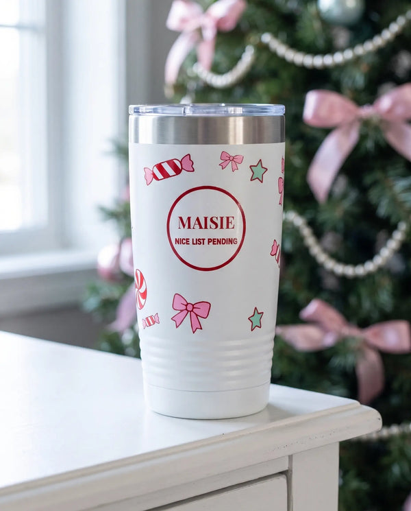 Nice List Pending on a white 20oz Ringneck tumbler, UV printed by Karved