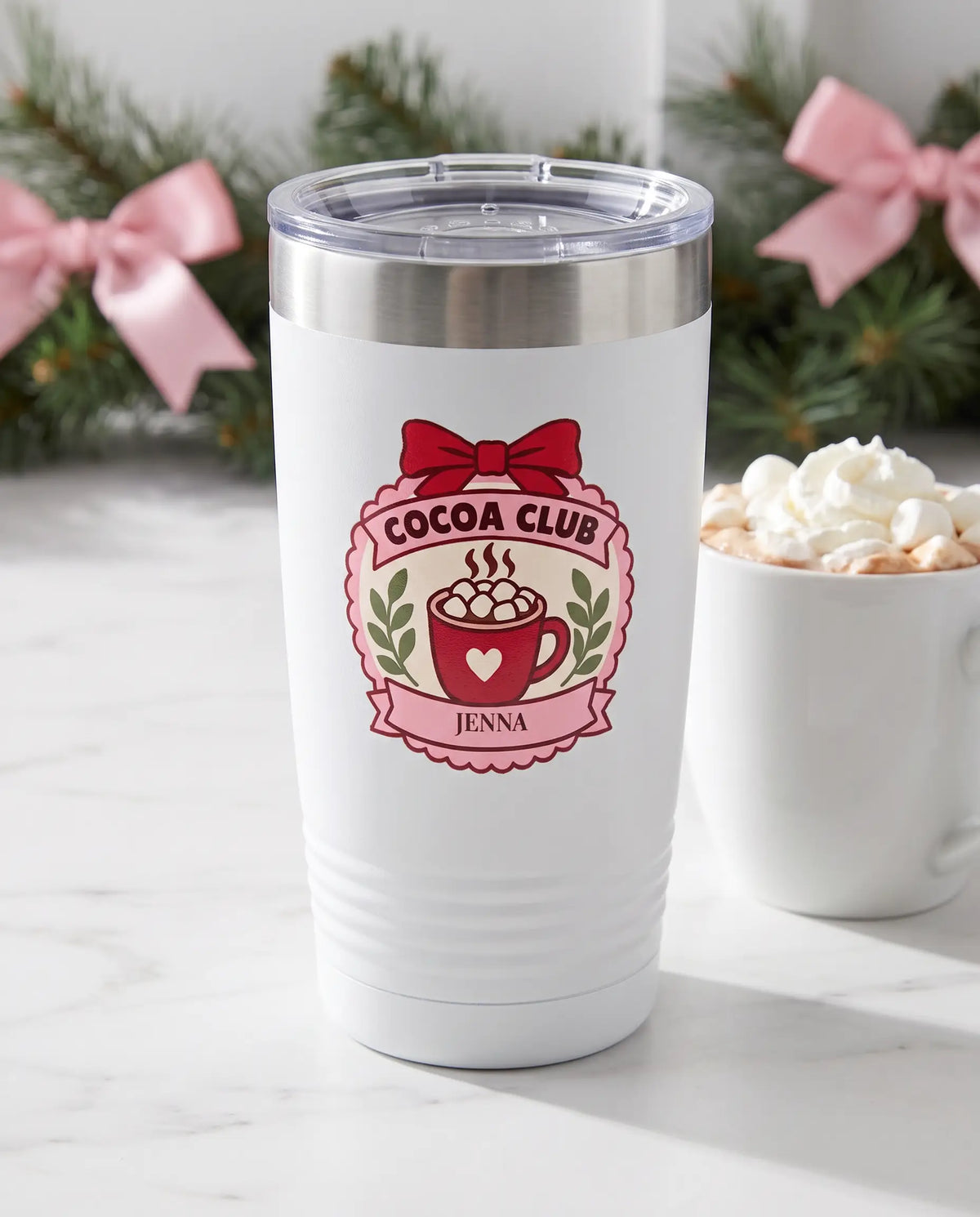 Cocoa Club Badge on a white 20oz Ringneck tumbler, UV printed by Karved