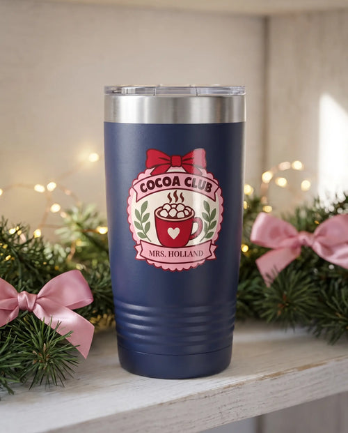Cocoa Club Badge on a navy 20oz Ringneck tumbler, UV printed by Karved