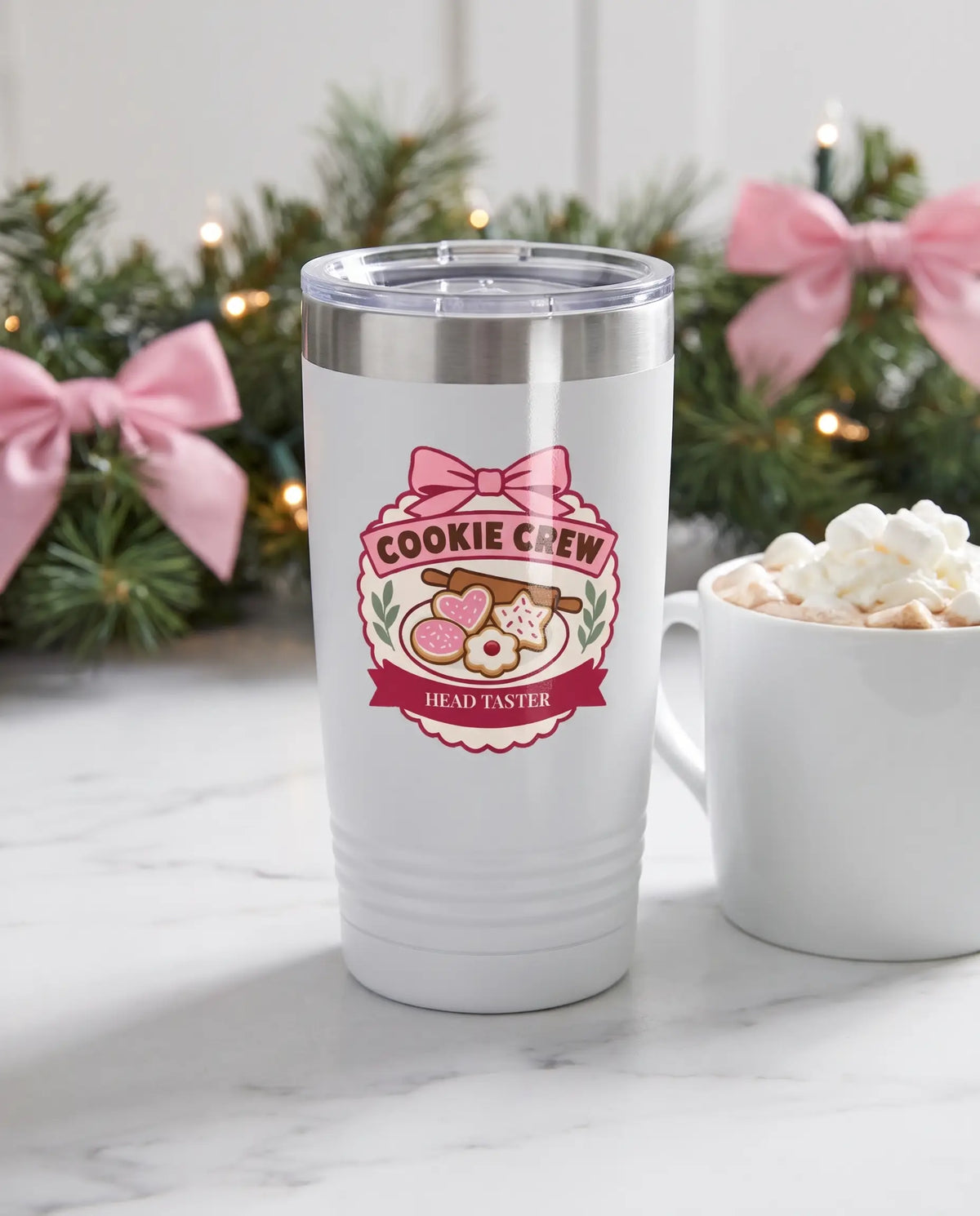 Cookie Crew Badge on a white 20oz Ringneck tumbler, UV printed by Karved