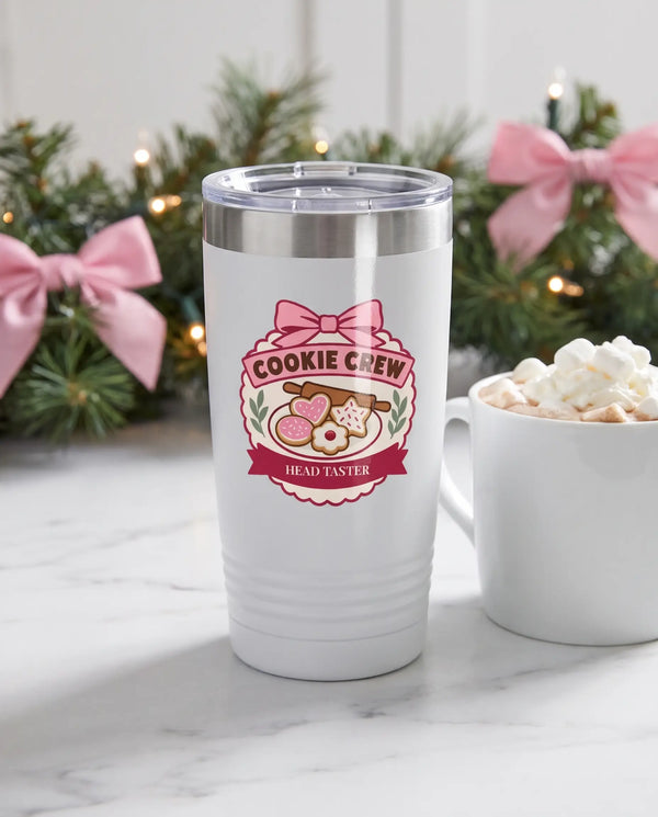 Cookie Crew Badge on a white 20oz Ringneck tumbler, UV printed by Karved