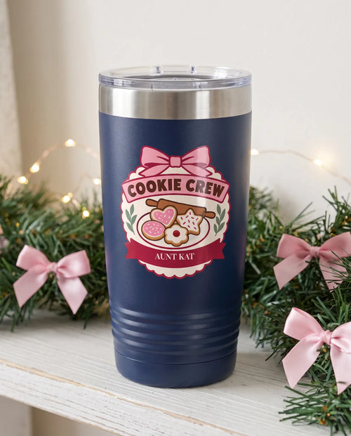 Cookie Crew Badge on a navy 20oz Ringneck tumbler, UV printed by Karved